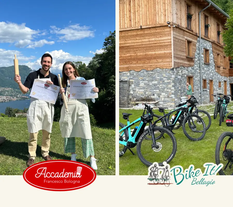 Smiling participants proudly displaying the certificates they earned after learning to make fresh pasta and blue ebikes parked outside of Bellagio TreeB 