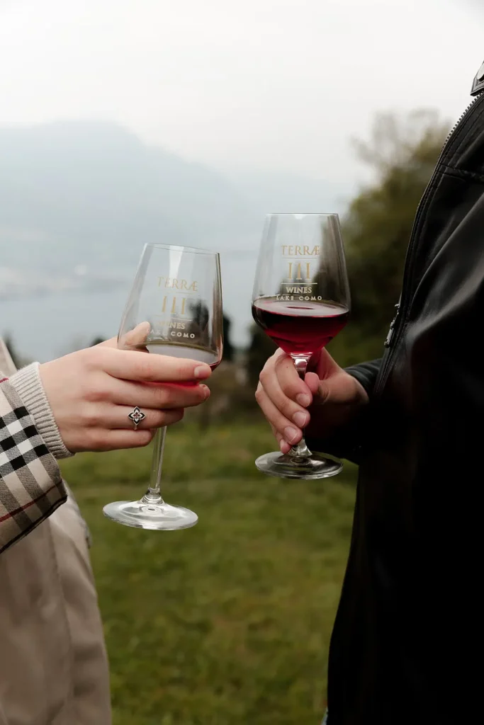 Two person holding two glasses of wine during a lake como wine experience in Bellagio