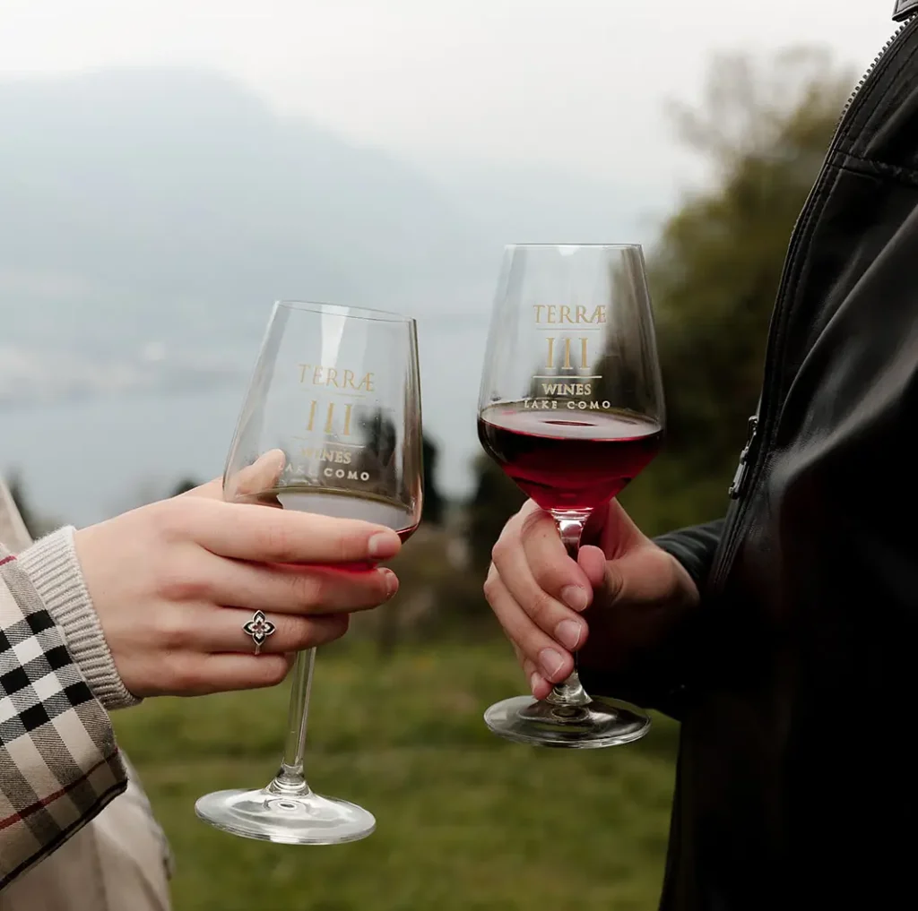 Two person holding two glasses of wine during a lake como wine experience in Bellagio